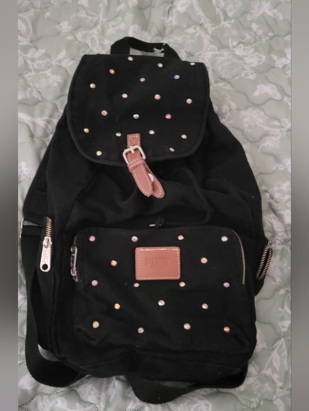 Black Studded Canvas Backpack with Brown Trim